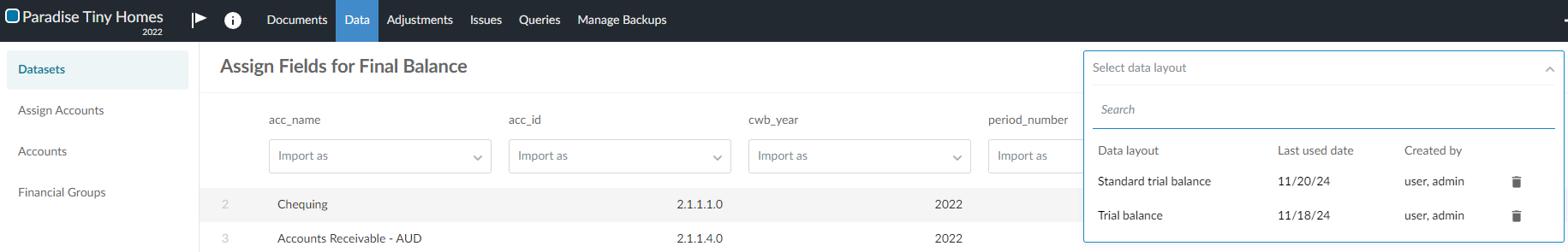 Selecting a data layout (assignment of incoming data fields to Caseware fields).