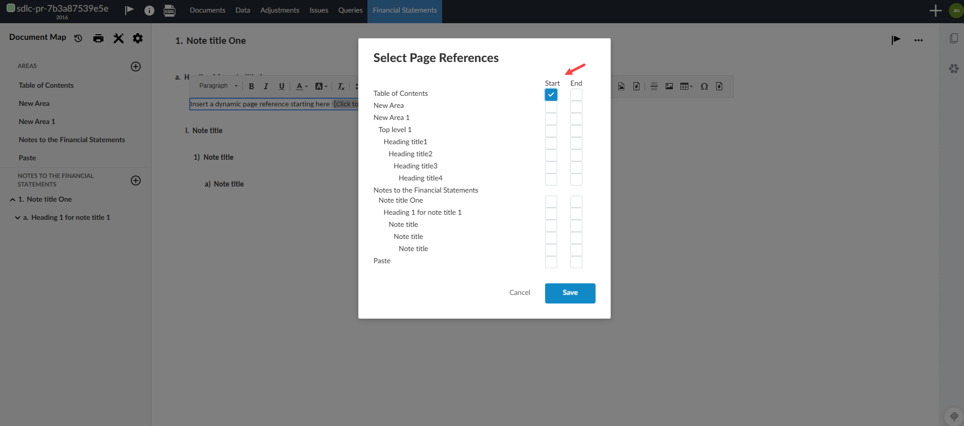 The user interface for selecting start and end page references to the financial statement or checklist.