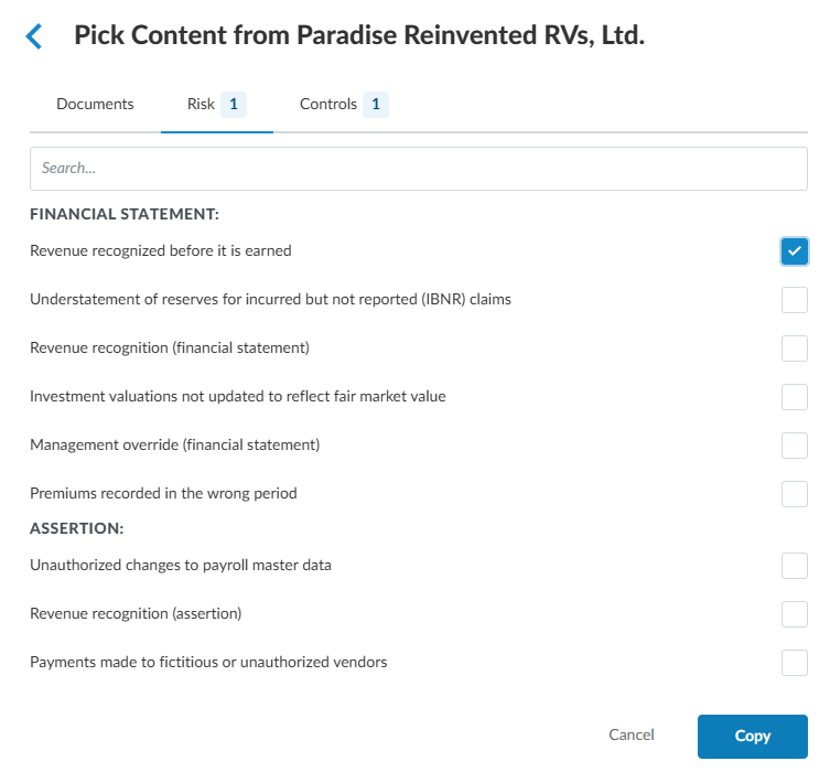 Selecting the content to copy to the current engagement.