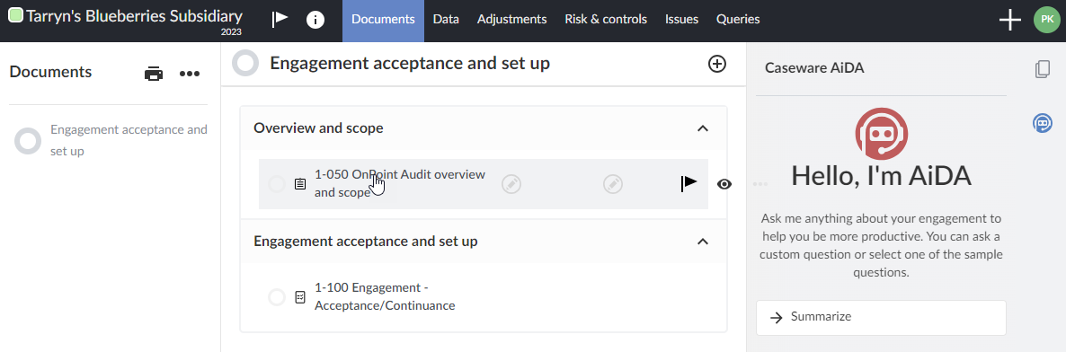Selecting an engagement document for AiDA to summarize.