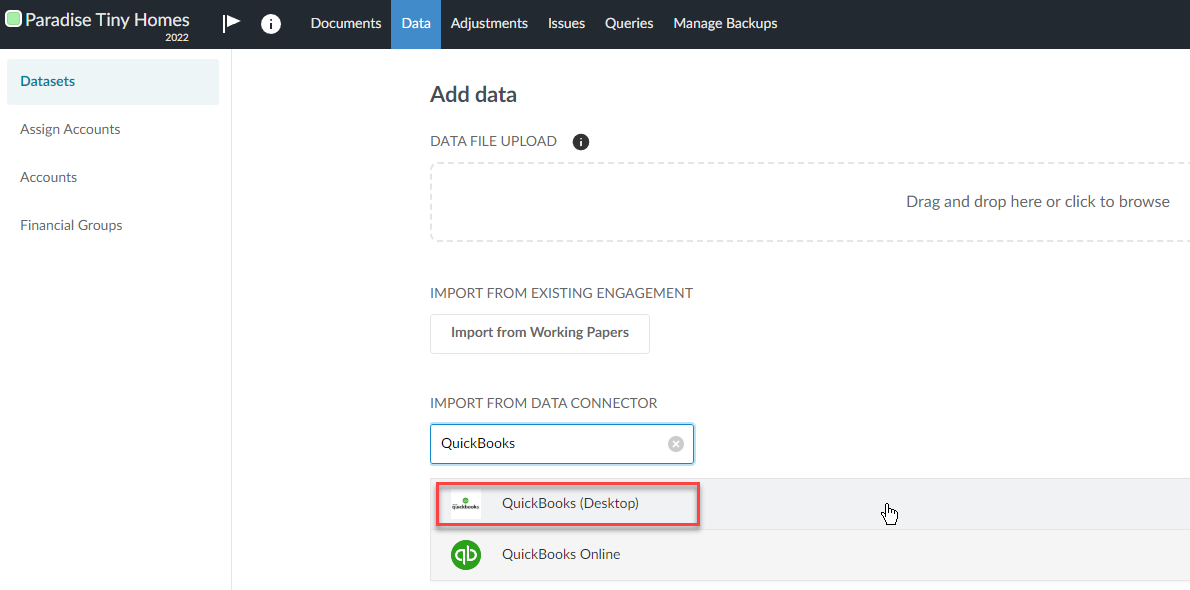 Finding the QuickBooks Desktop data connector in the list on the Datasets tab.