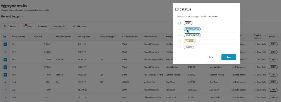 Editing statuses for transactions in aggregated analytic test results.