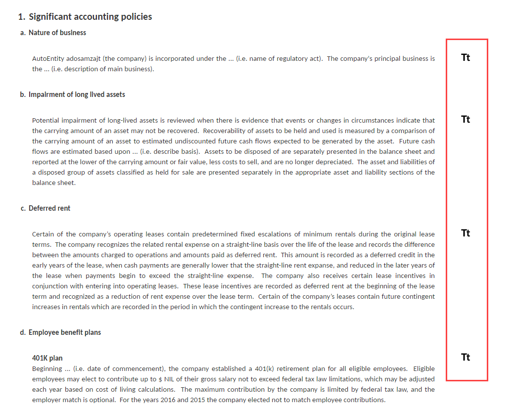 Example of a financial statement with Translation icons.