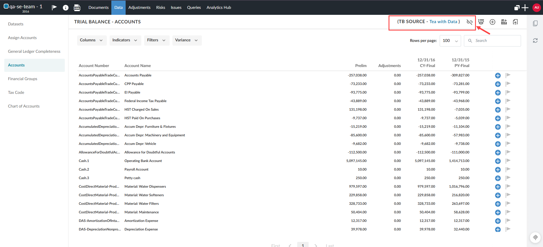 The user interface for selecting the Link/Unlink icon to disconnect the trial balance from an engagement.