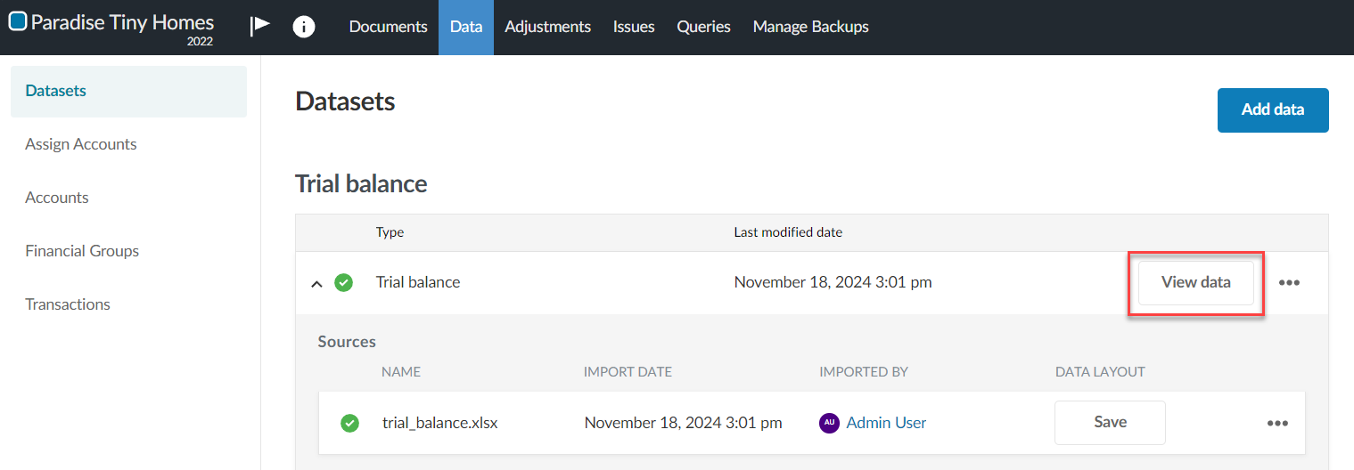 Selecting the View data button to display imported data