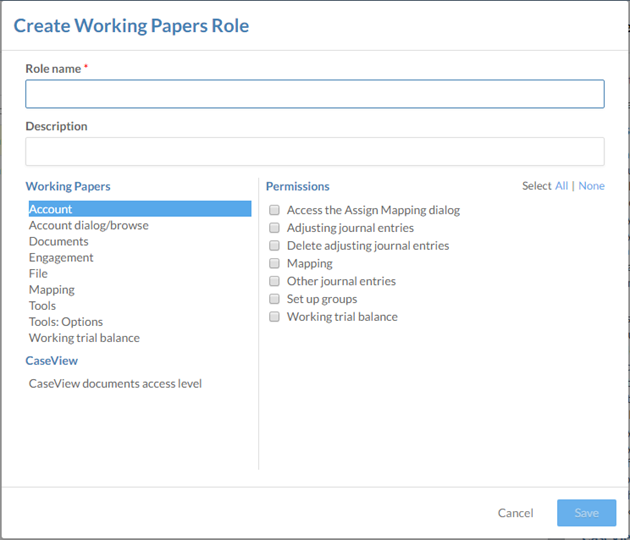 The Create Working Papers Role dialog. Permission categories are displayed on the left, and permissions are displayed on the right.