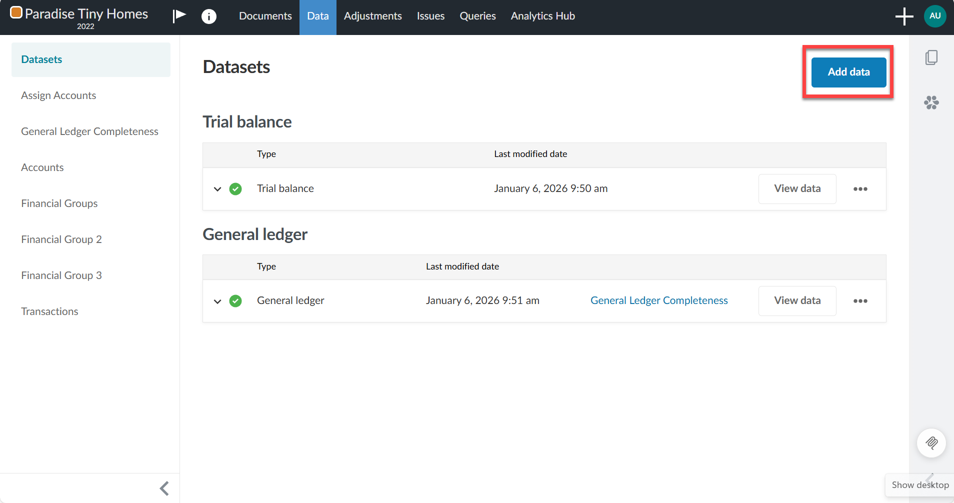 Selecting the Add data button in the Datasets tab.