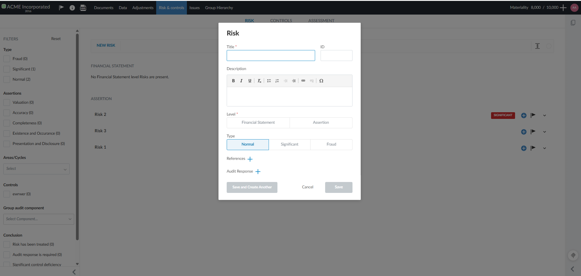 the user interface for the dialog box to add a risk.