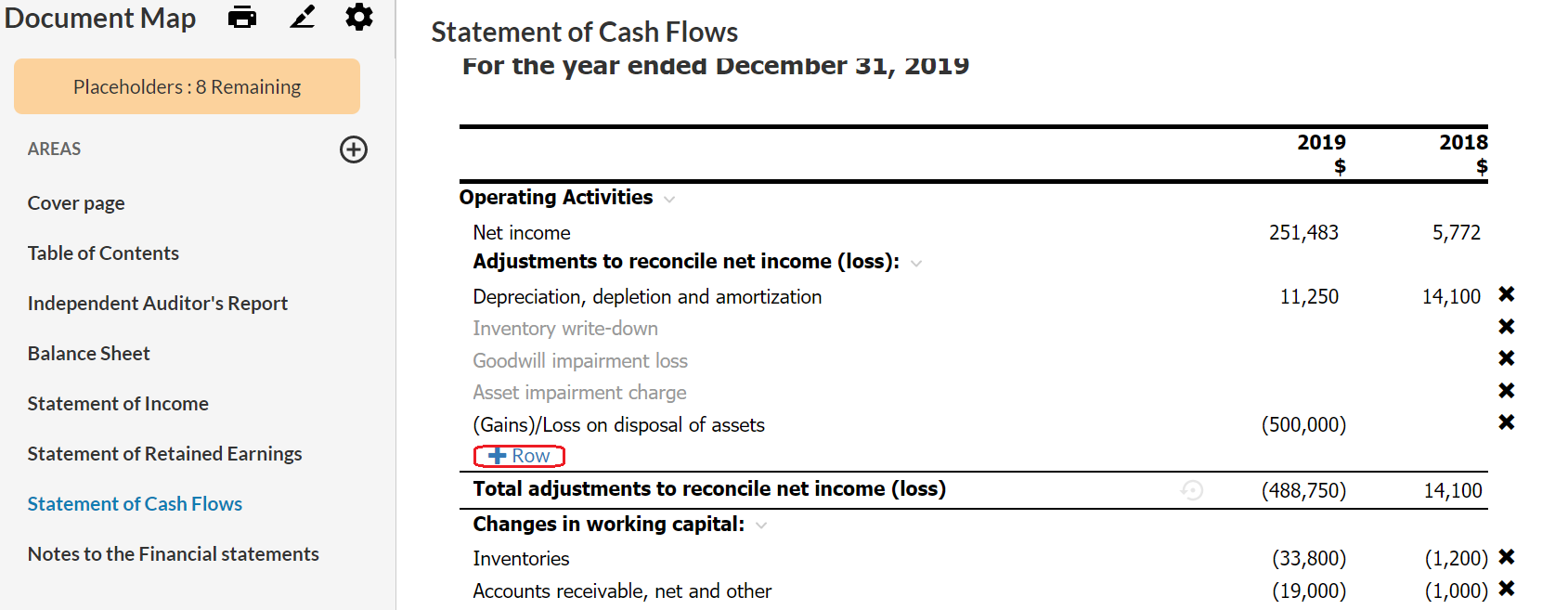 Statement of Cash Flows including the +Row button so staff can include additonal rows if needed.