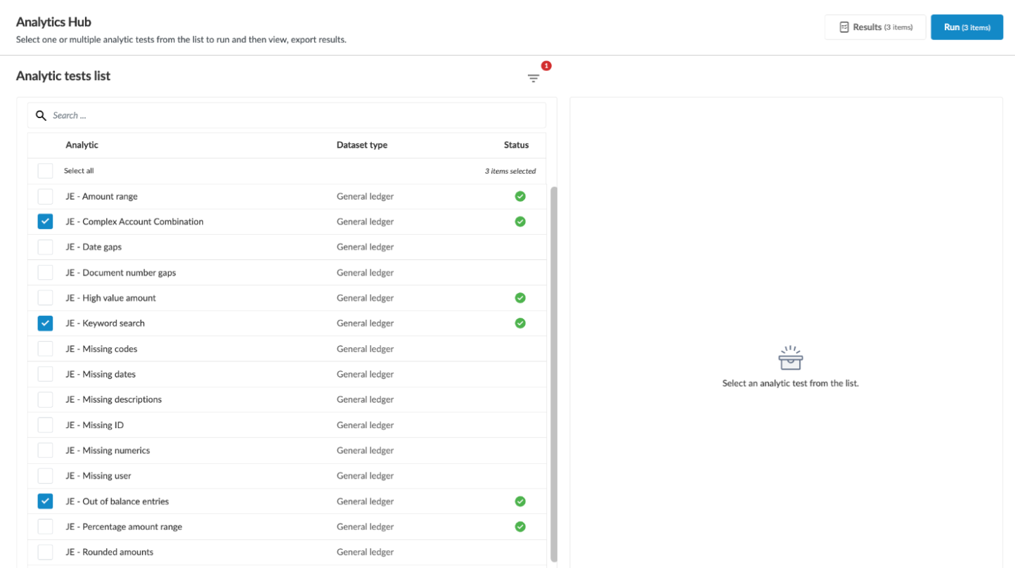 The Analytics Hub page with a list of tests to select from.