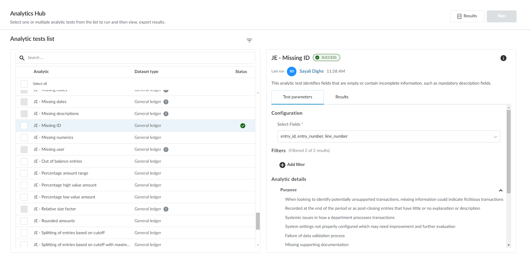 The Analytics Hub with a test open on the right.