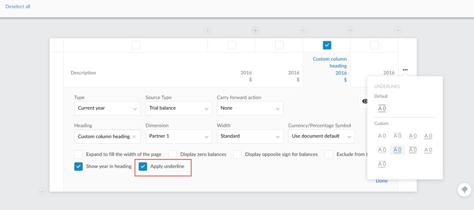 The user interface to select checkbox to apply an underline to the column rows.