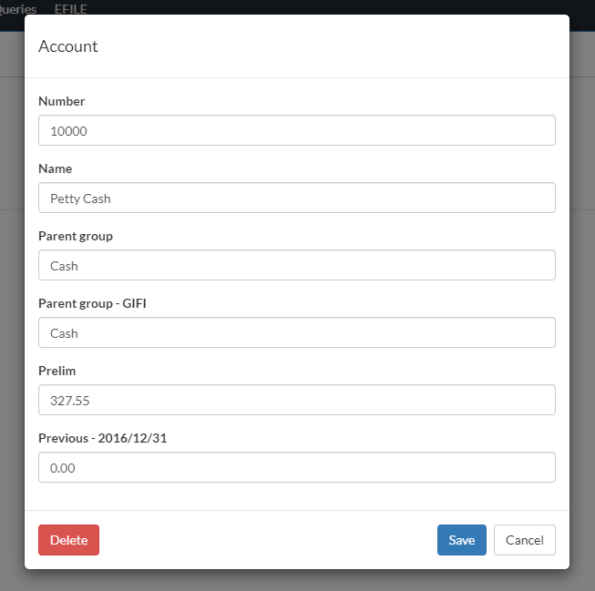 Assign accounts to groups from the Account dialog.