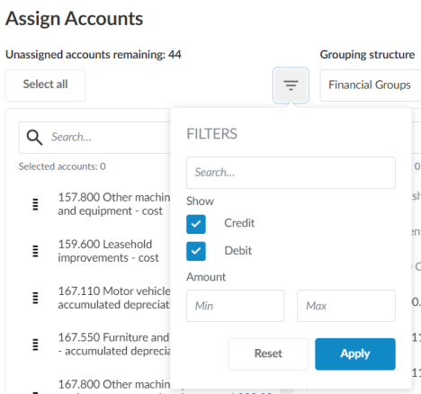 The Filters popover on the Assign Accounts page.