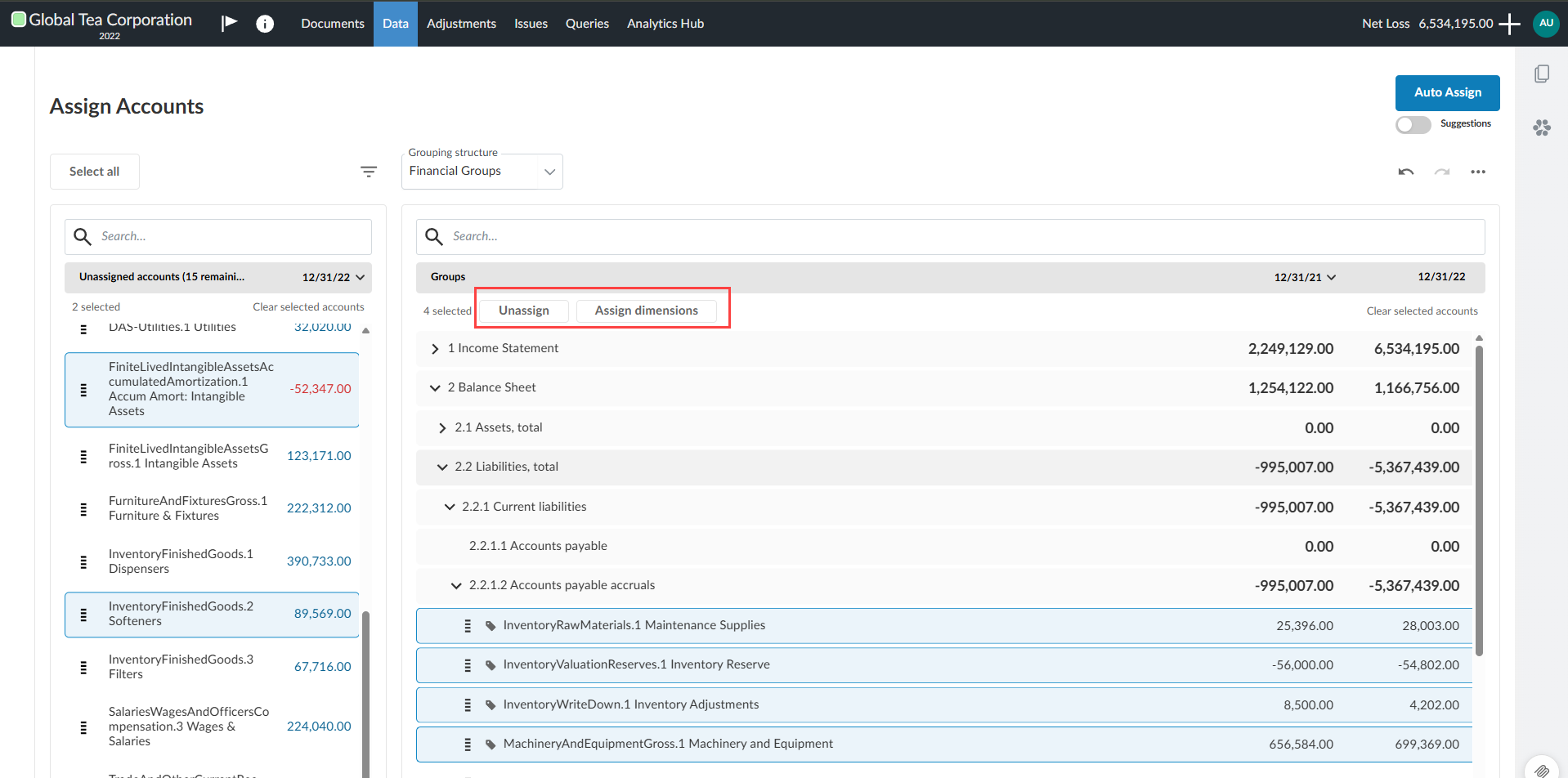 The user interface tabs in the financial groups table to enable you to unassign an assign dimensions.