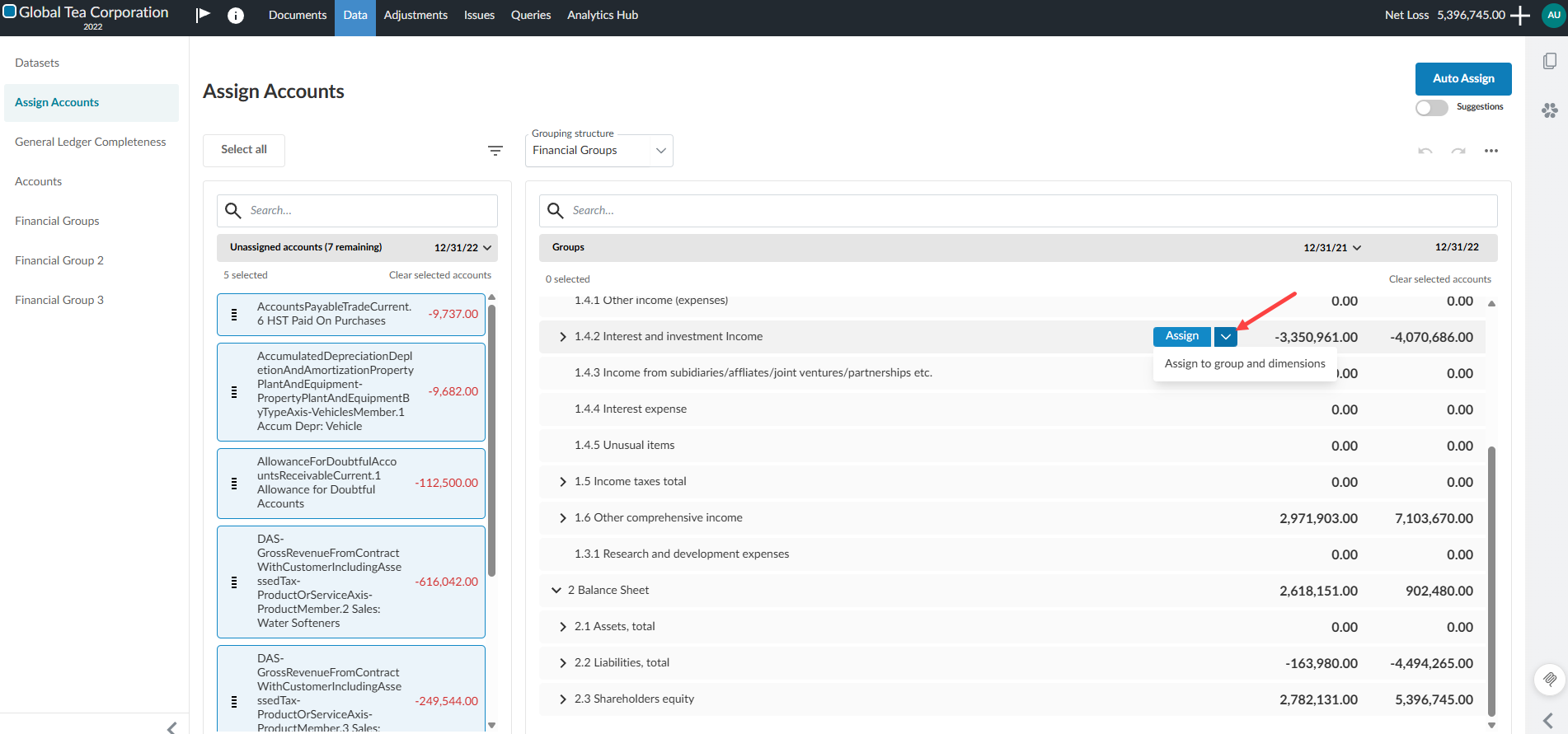 The user interface for selecting the Assign button for accounts into group and dimensions.