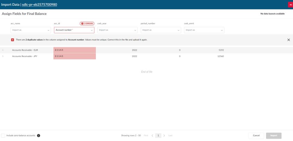 The Assign Fields page with an error selected to display the rows with the error.