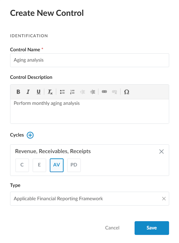 The Create New Cntrol dialog with various options completed.