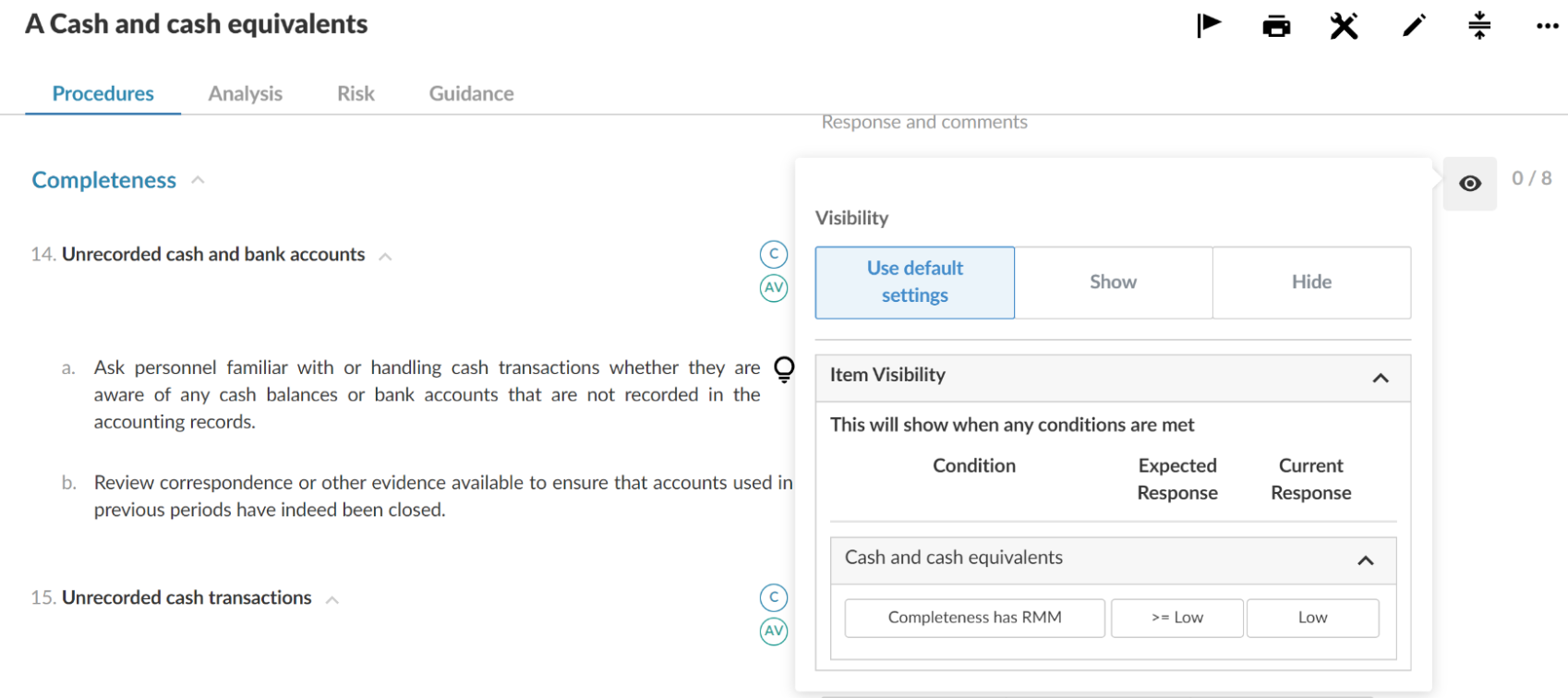 Customizing the visibility settings in a worksheet, with a menu showing the different visibility options.