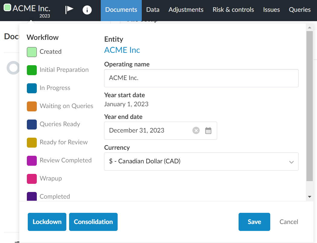 The Engagement Properties dialog expanded in an Audit engagement.