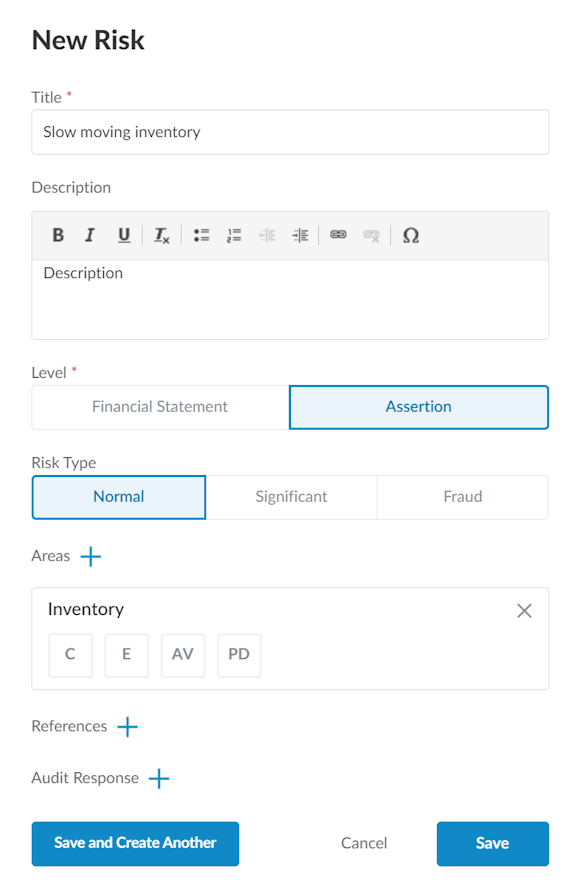 The New Risk dialog with various options completed.