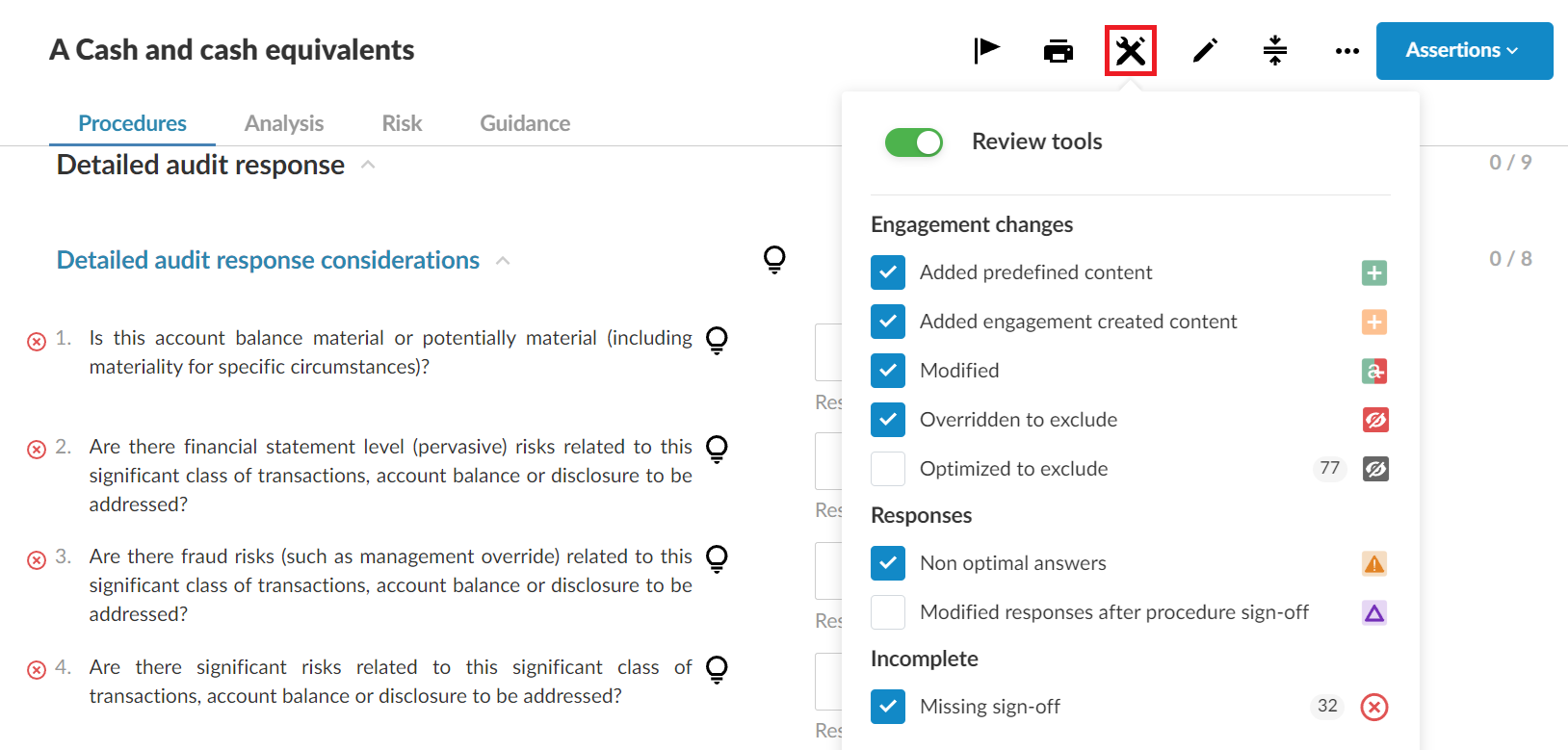 The Review Tools menu expanded in a work program.