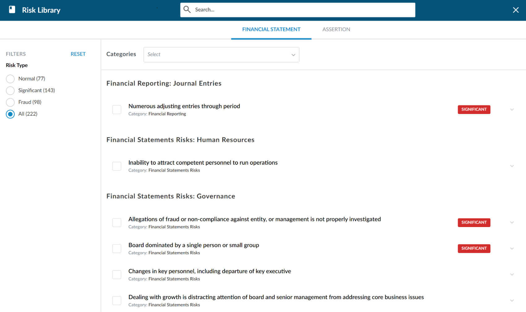 The Risk Library with a list of selectable risks.