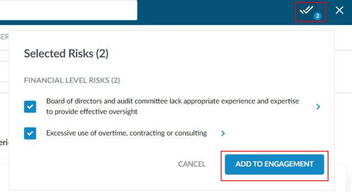 The Selected Risks indicator expanded with two selected risks to add to the engagement.