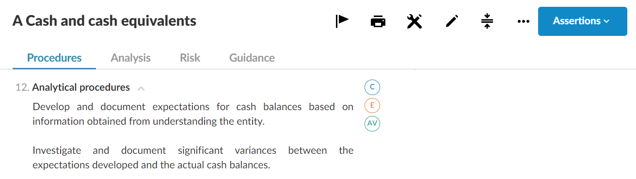 The Analytical procedures procedure with icons for three different assertions.