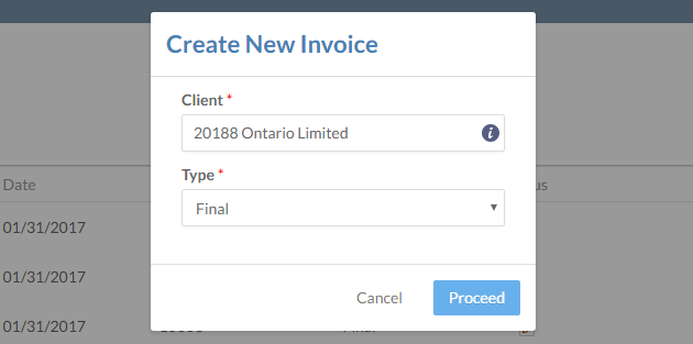 The Create New Invoice dialog in the Billing app. 