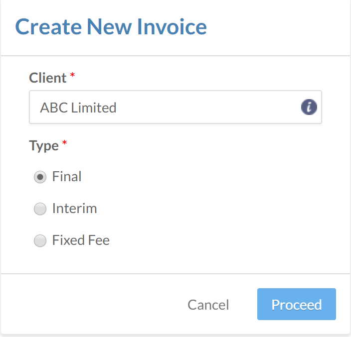 The Create New Invoice dialog.
