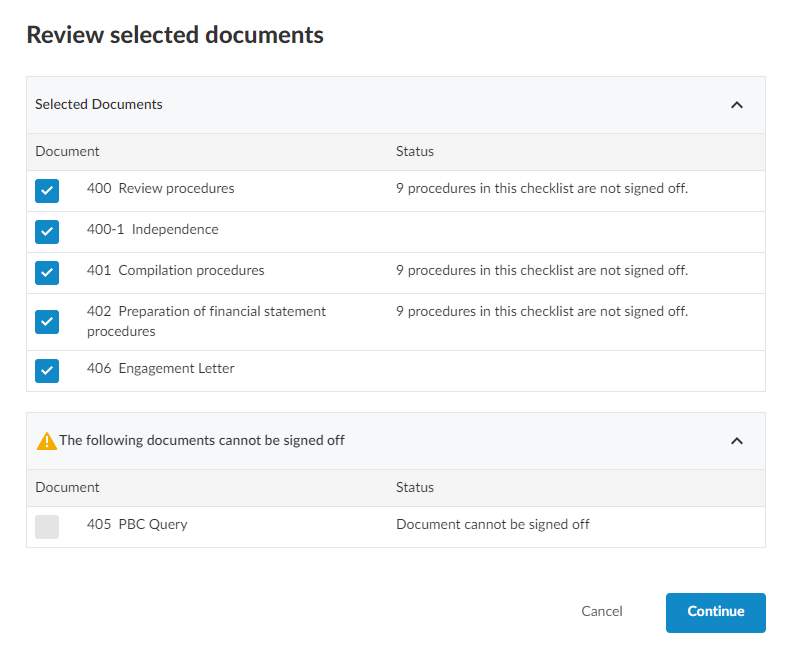 The Review selected documents dialog.
