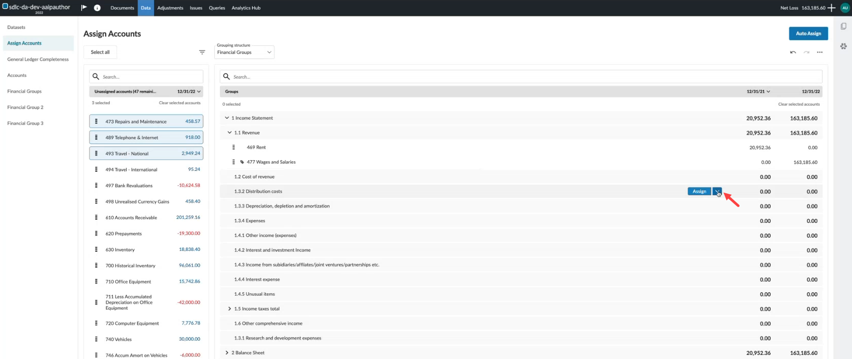 The 
Assign Accounts interface: Two panels, "Unassigned accounts" and "Groups," with a red arrow pointing to the "Assign" button next to a "1.3.2 distribution costs" entry.
