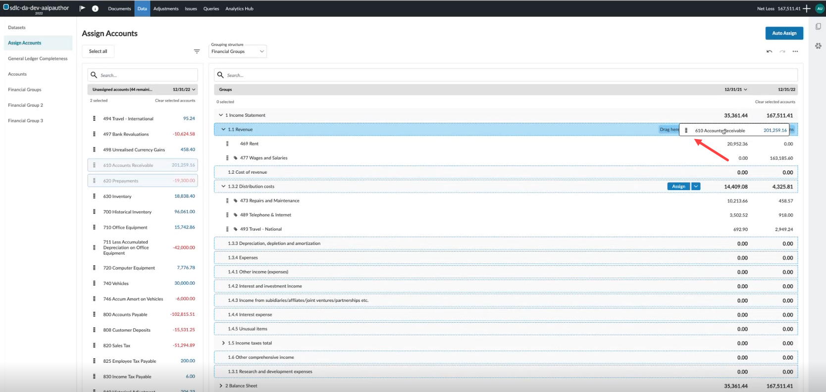 The user interface for drag and dropping into a financial row.