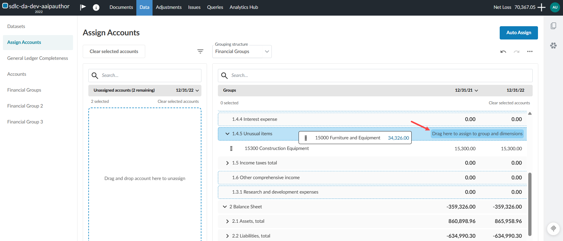 The user interface for Assign Accounts: an arrow pointing to a droppable area labeled "Drag here to assign to group and dimensions."
