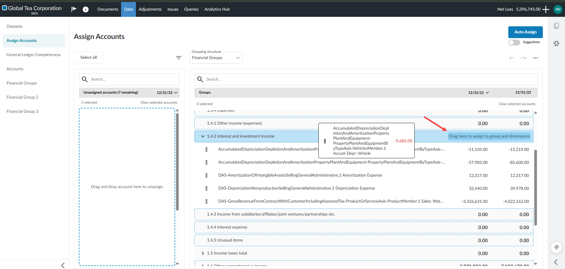 The user interface for using the drag and drop ability for assigning multiple accounts to a dimension.