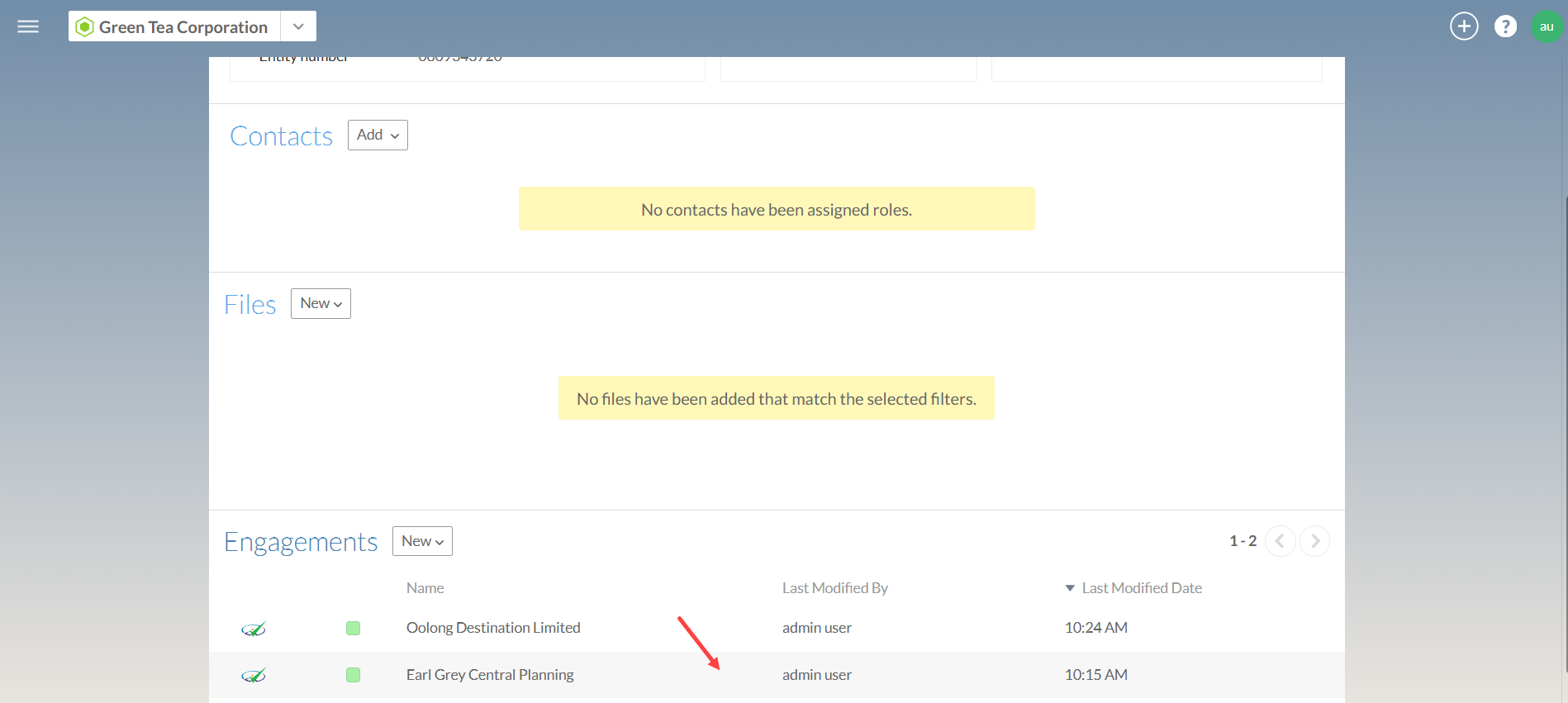 The user interface for selecting the entity details of an engagement.