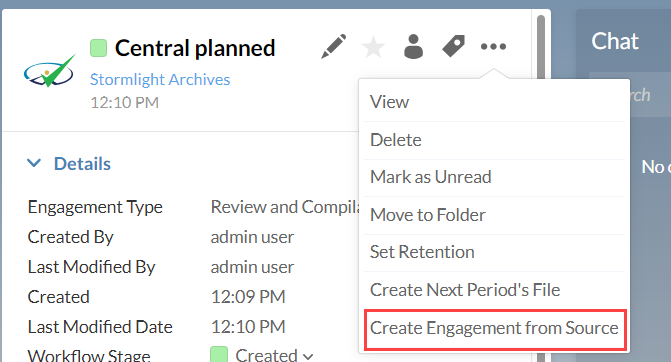 The Create Engagement from Source option for a centrally planned engagement.