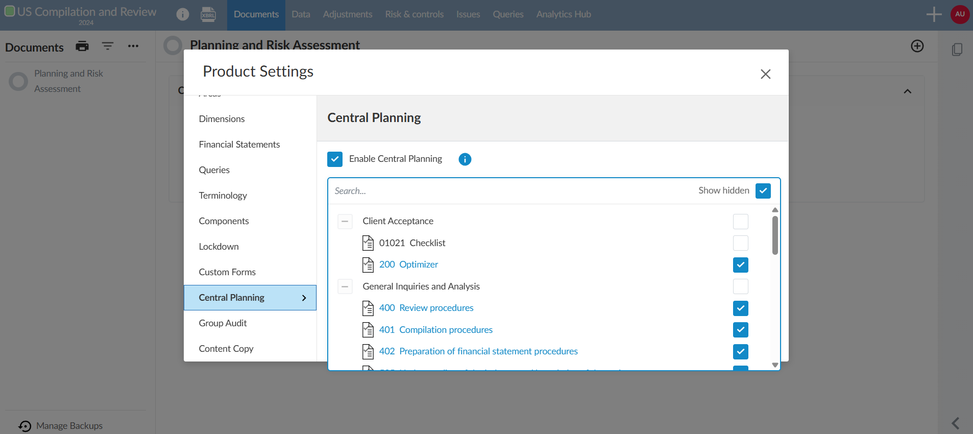 Selecting the documents to be managed centrally.