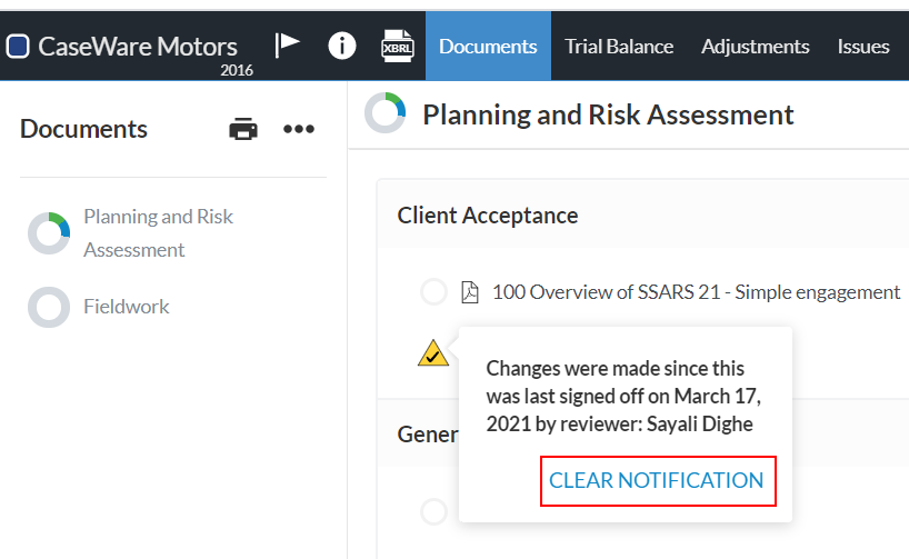 The CLEAR NOTIFICATION option in the Documents page.