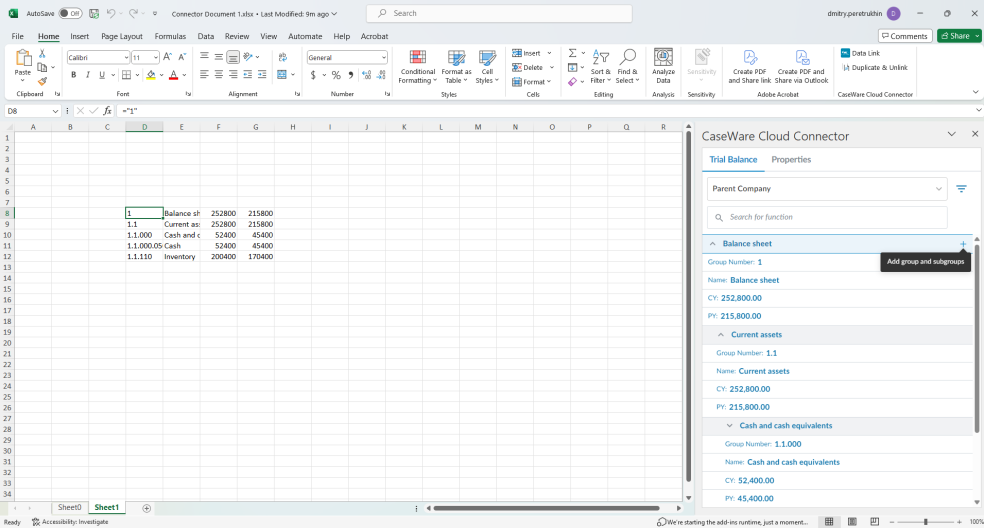 A Microsoft Excel spreadsheet with a group and its subgroup added to the file from the Cloud Connector pane.