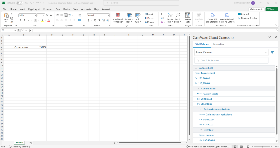 A Microsoft Excel file with the Caseware Cloud Connector pane open.