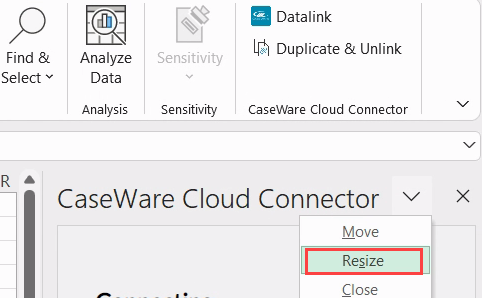 The Resize option in the Cloud Connector drop-down.