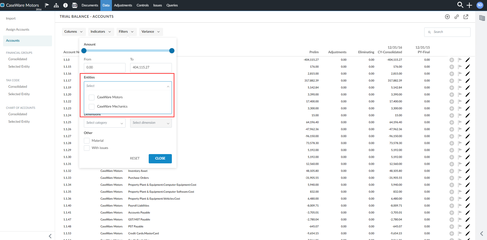 The Entities filter on the Accounts tab for a consolidation engagement.