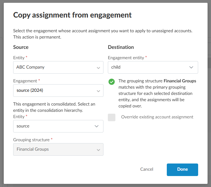 The Copy assignment from engagement dialog with a list of fields from Source and Destination entities.