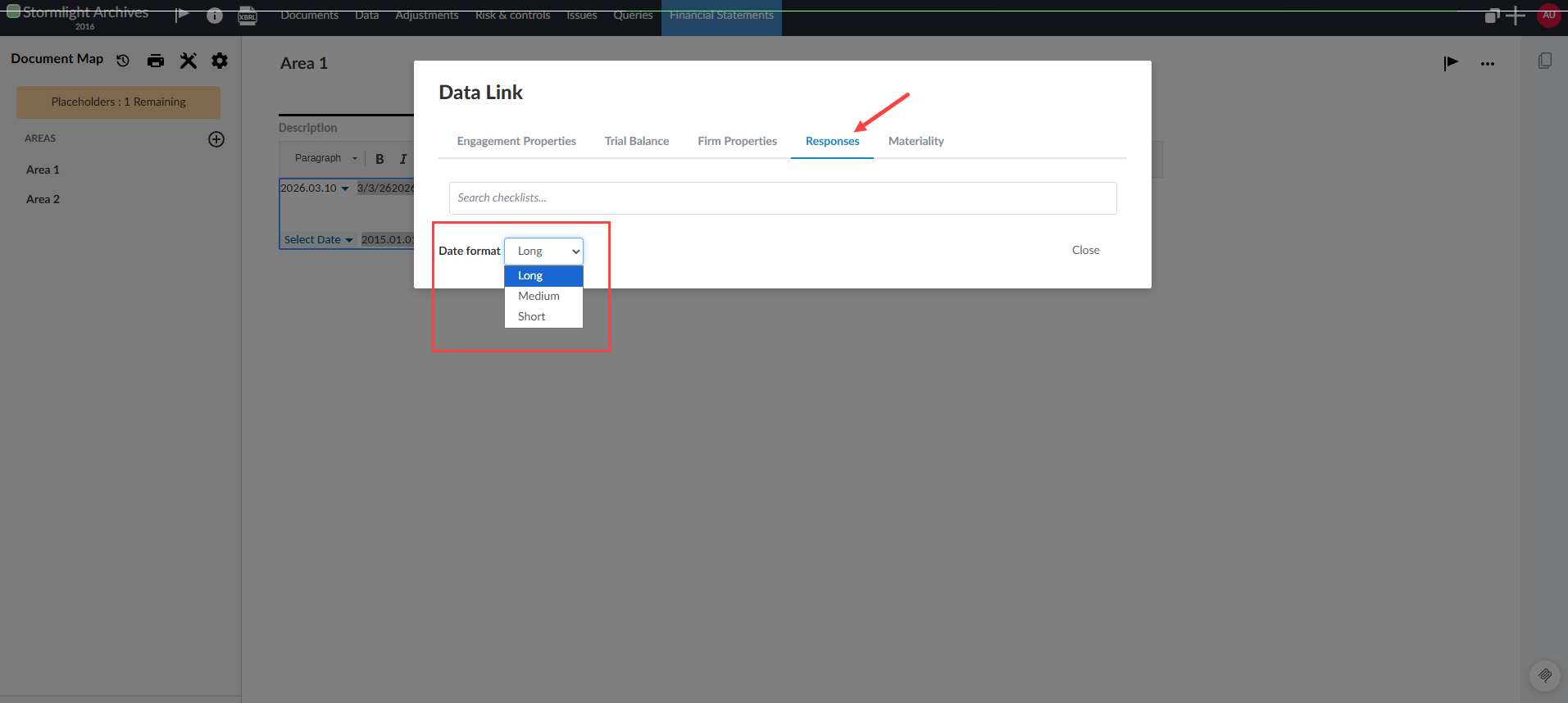 The dialog for data-linked checklist responses with the date format selector at the bottom left of the box.