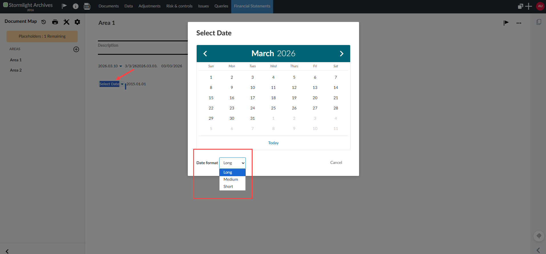 The dialog that includes the date format selector at the bottom left of its box.