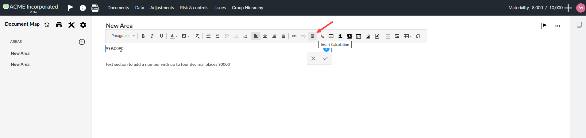 the user interface for selecting Insert Calculations from the formatting ribbon.