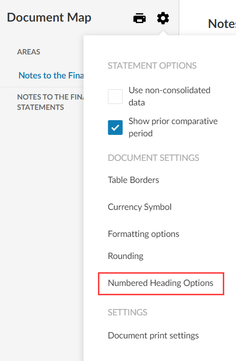 The Numbered Heading Options selection in the Document settings.