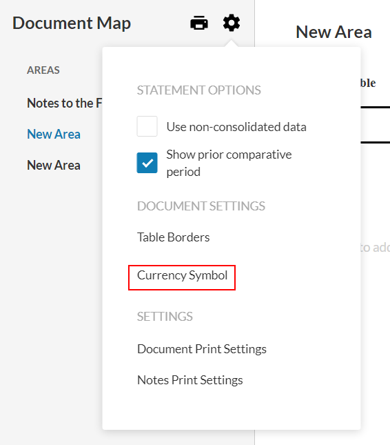 The Currency Symbol option in the financial statement document settings.